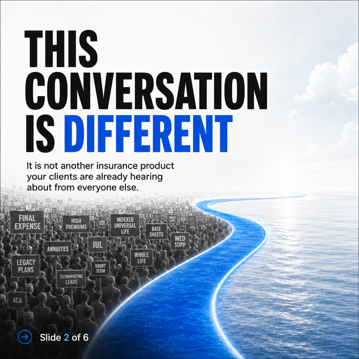 A crowded gray market of familiar insurance products beside an open blue ocean